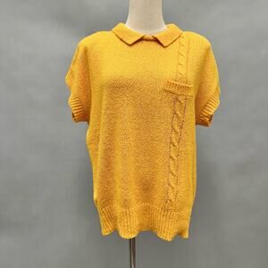 Vintage 80s Mustard gold polo short sleeve cableknit sweater size large
